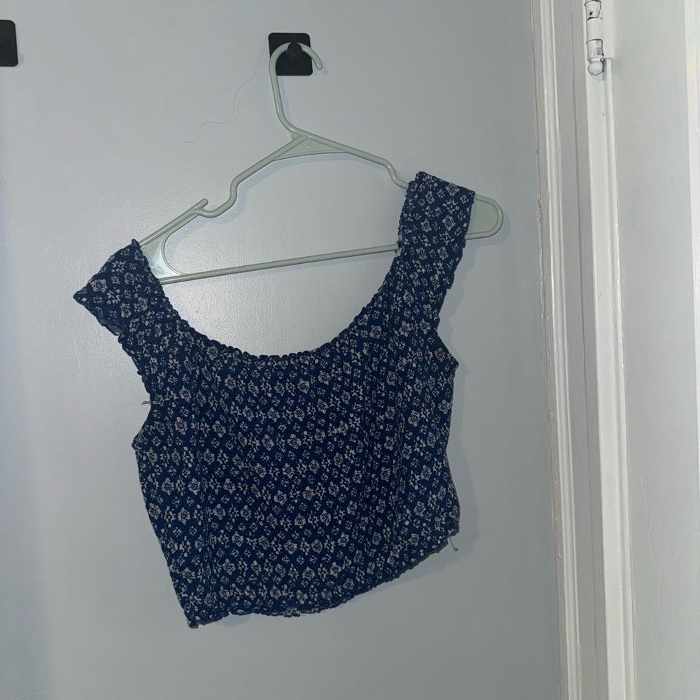 Hollister Blue Smocked Crop Top with Cap Sleeves